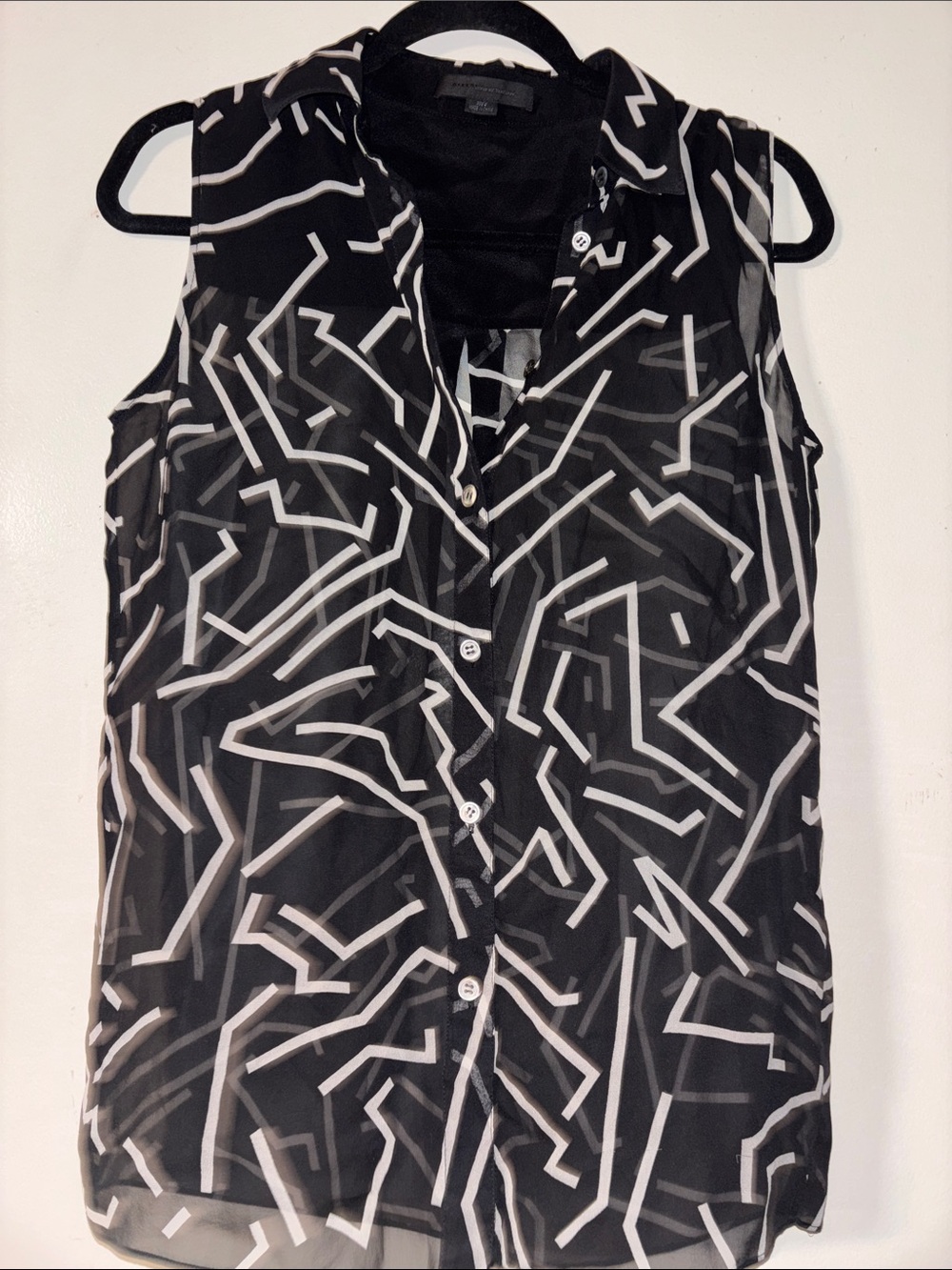 Alexander Wang Black Sheer Sleeveless Blouse with White Geometric Print